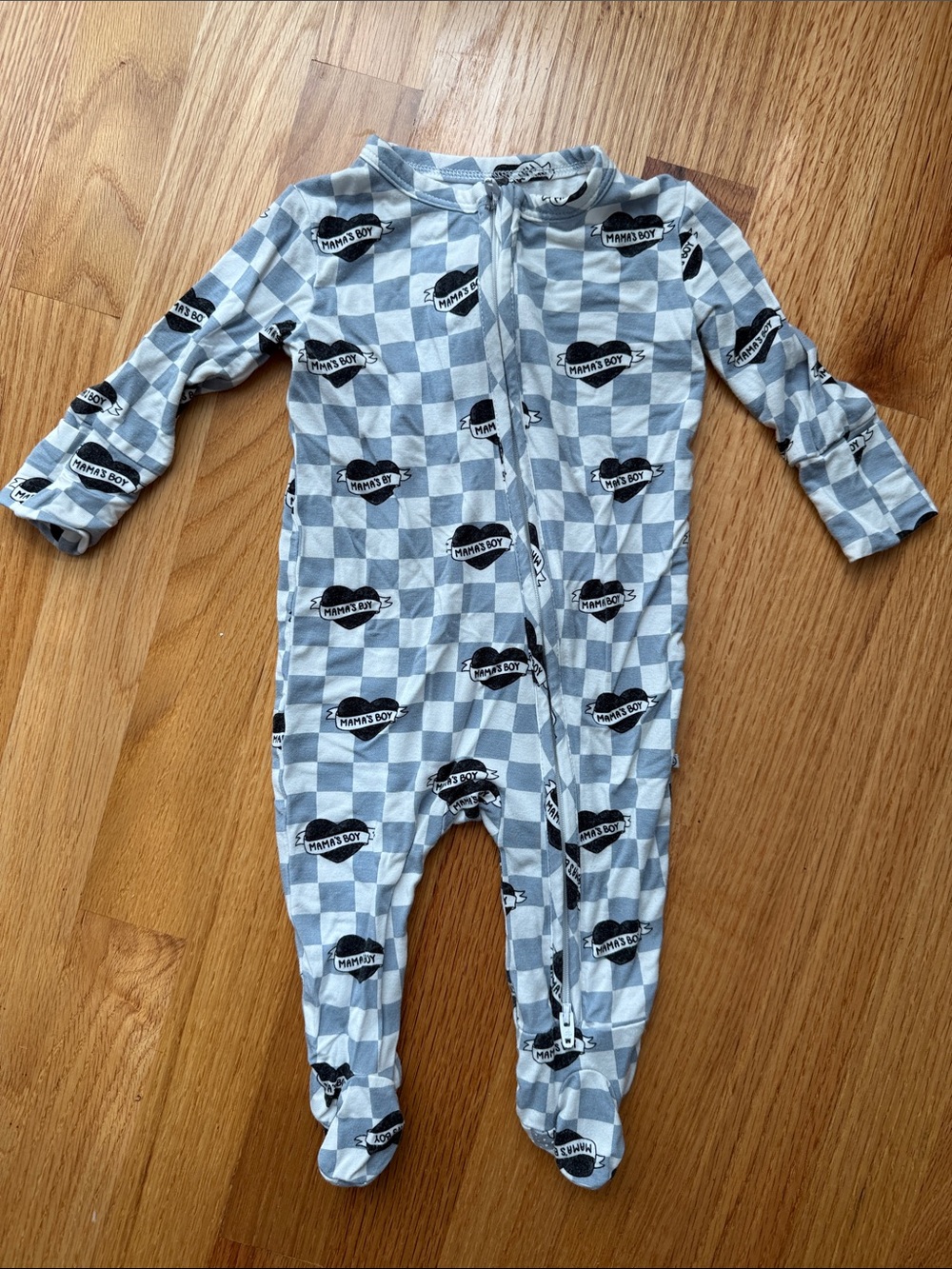 Caden Lane Light Blue Checkered Footie with Black 'Mama's Boy' Hearts